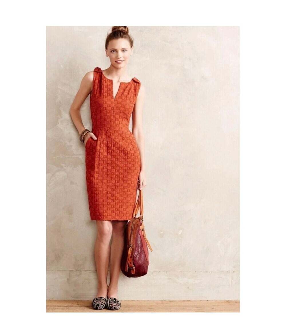 Anthropologie Tabitha Rust Basket Weave Quilted Tema Sheath Dress with Pockets